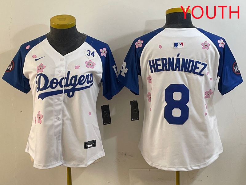 Youth Los Angeles Dodgers #8 Hernandez White Blue Sakura Edition 2025 Nike MLB Jersey style 4